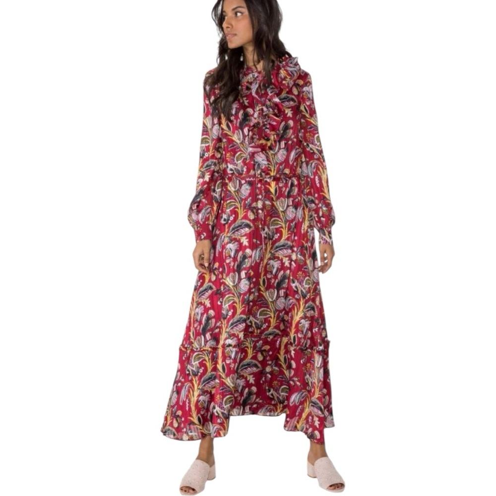 & Other Stories Red Floral Print Midi Dress Lined Tie Waist Size 6 Boho Cottage